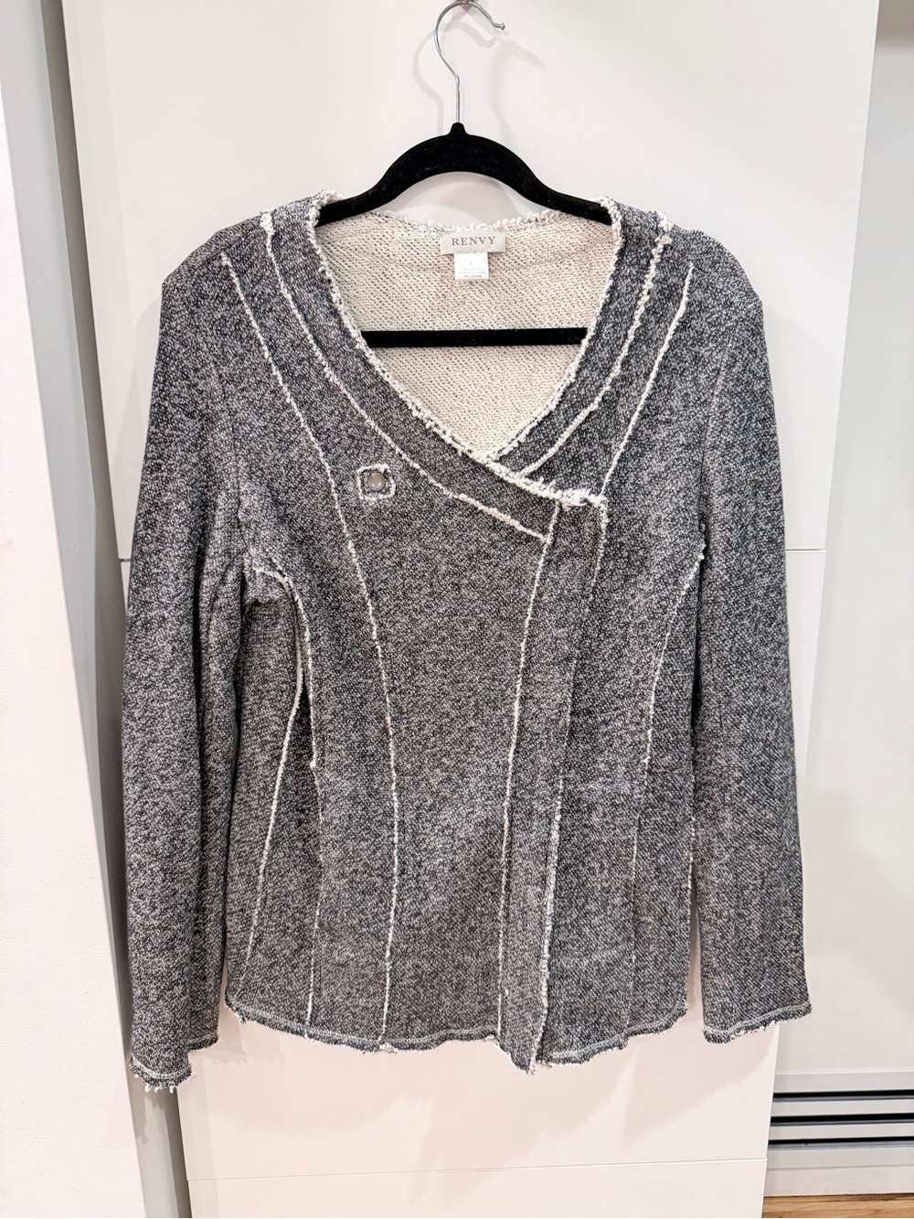 Renvy Gray Cream Cotton Asymmetrical Moto Knit Jacket Size L